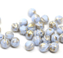 6mm Light blue round melon shape czech glass beads, golden wash, 30Pc