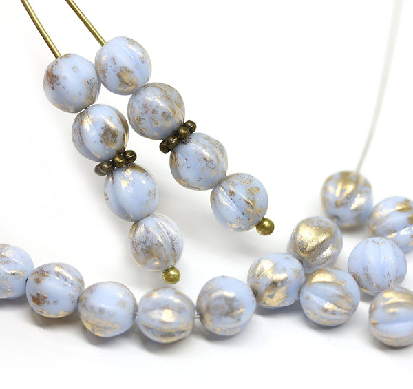 6mm Light blue round melon shape czech glass beads, golden wash, 30Pc