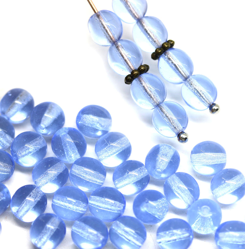 6mm Transparent periwinkle blue round druk czech glass beads with luster, 40Pc