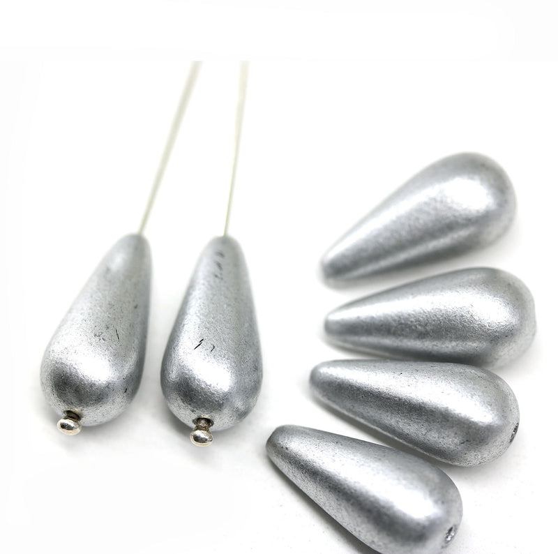 20x9mm Matte silver finish pear shape teardrop czech glass beads, 6pc
