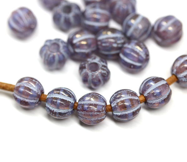2.5mm hole Purple 8mm melon shape beads, golden wash - 20pc