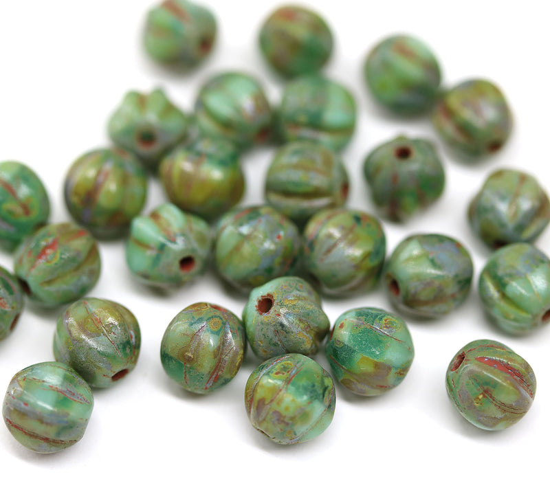 6mm Turquoise green round melon shape czech glass beads, picasso, 30Pc