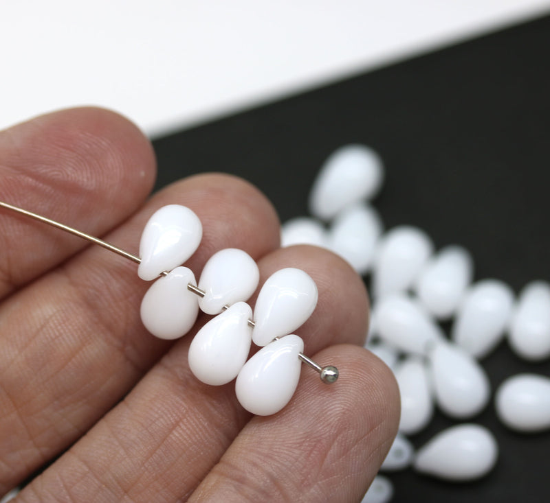 6x9mm Alabaster white teardrops, Czech Glass drop beads, 40pc