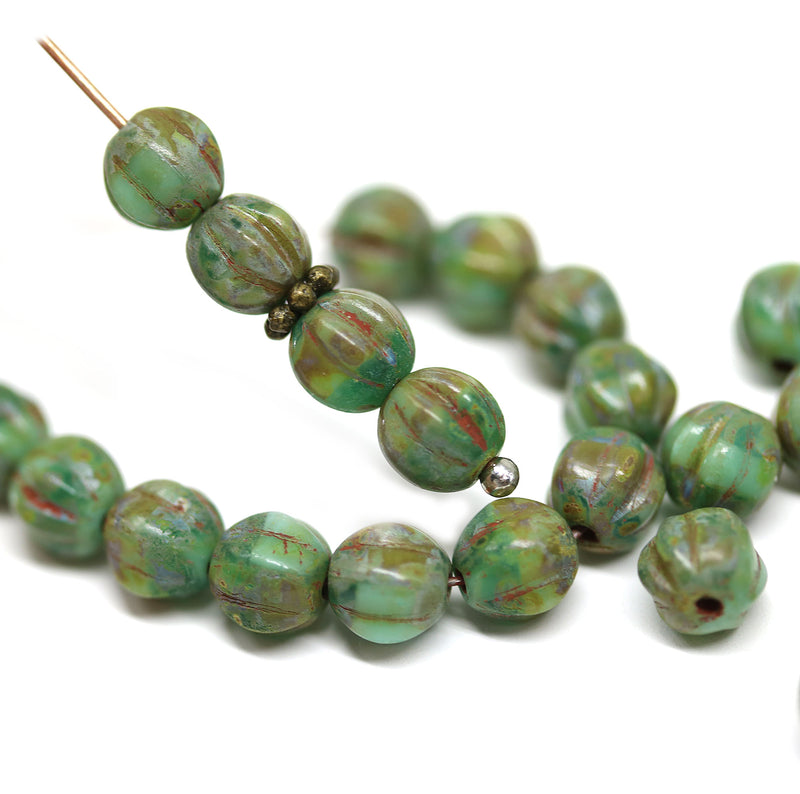 6mm Turquoise green round melon shape czech glass beads, picasso, 30Pc