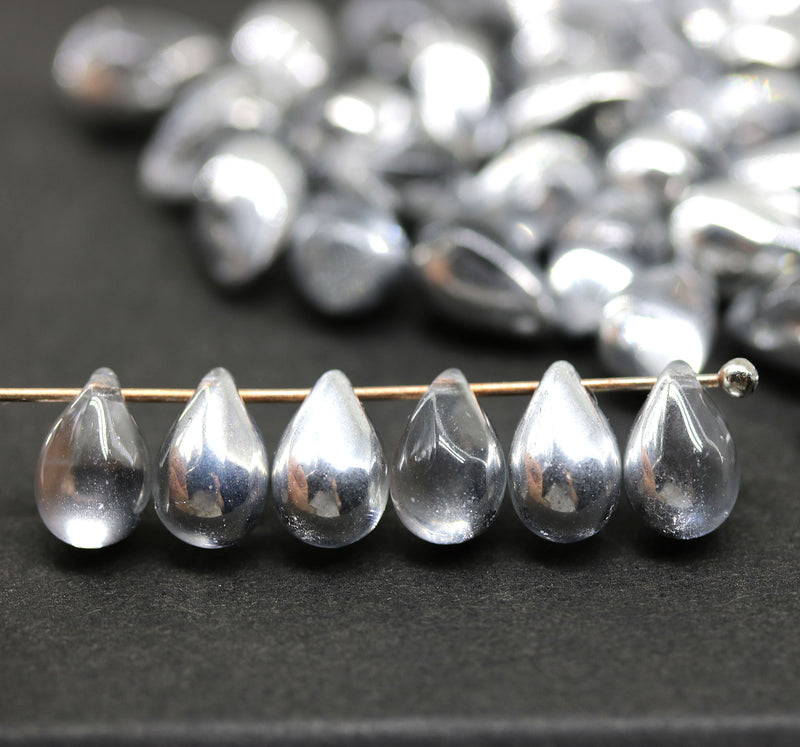 6x9mm Clear silver teardrops, Czech Glass drop beads, 40pc