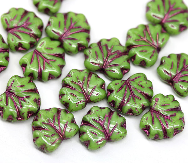 11x13mm Opaque green maple czech glass leaf beads purple wash, 15pc