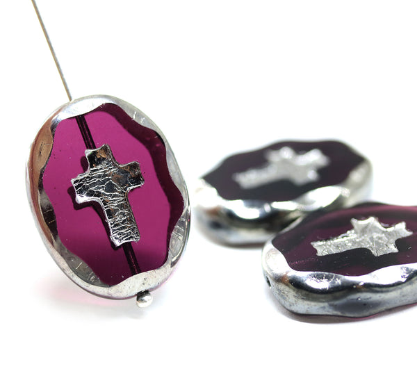 25x19mm Purple cross Czech glass large oval flat beads, 1Pc