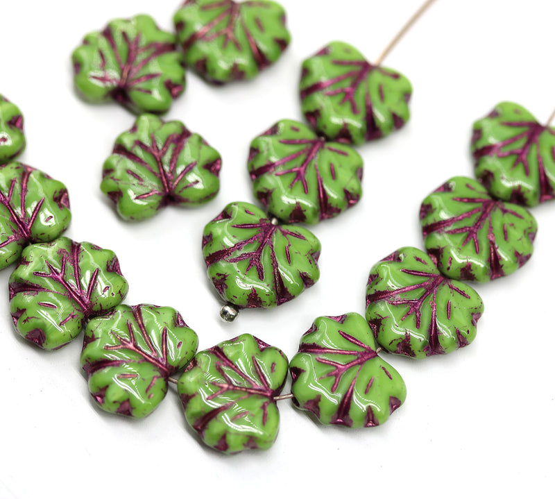 11x13mm Opaque green maple czech glass leaf beads purple wash, 15pc
