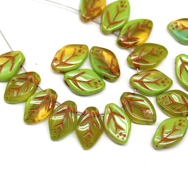 12x7mm Yellow green leaf beads Czech glass 30Pc