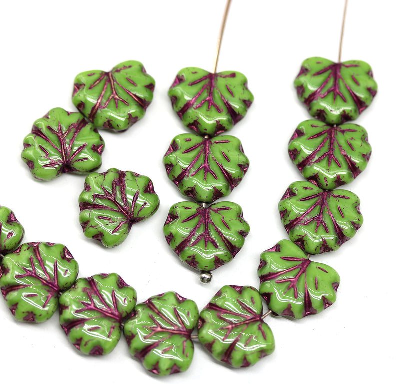 11x13mm Opaque green maple czech glass leaf beads purple wash, 15pc