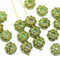 9mm Green czech glass beads gold inlays Daisy floral beads, 20Pc