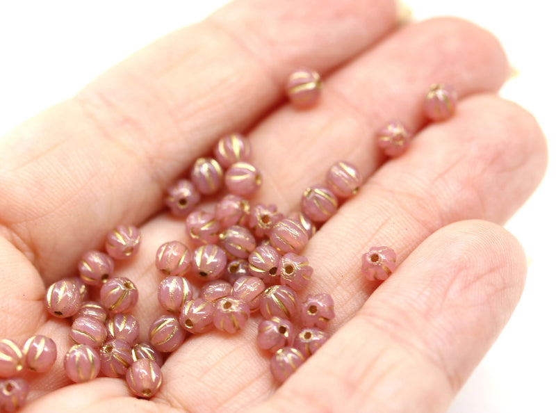 4mm Opal pink Gold wash melon shape glass beads, 50pc
