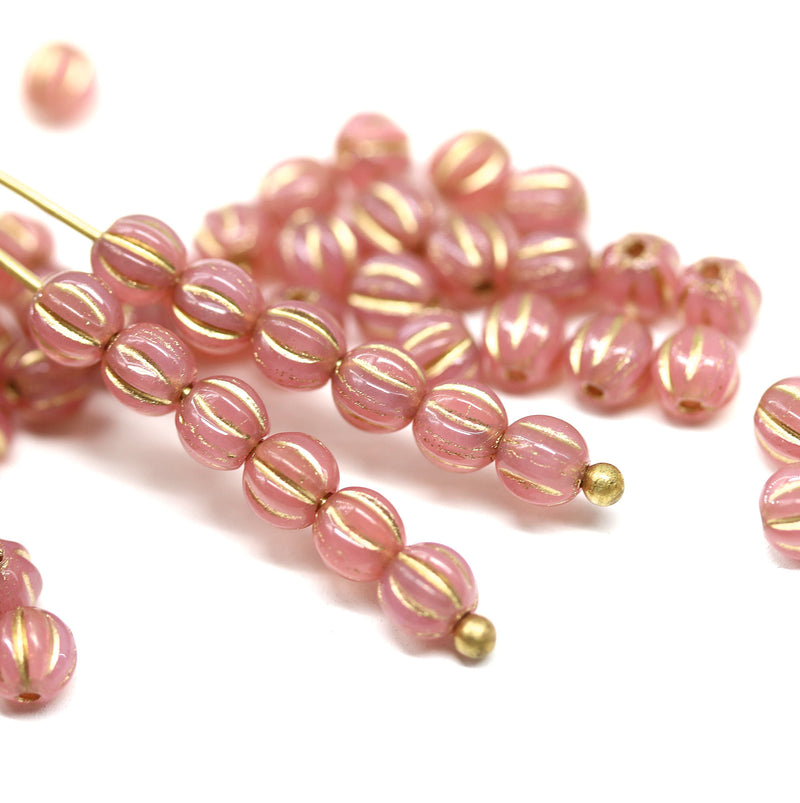 4mm Opal pink Gold wash melon shape glass beads, 50pc