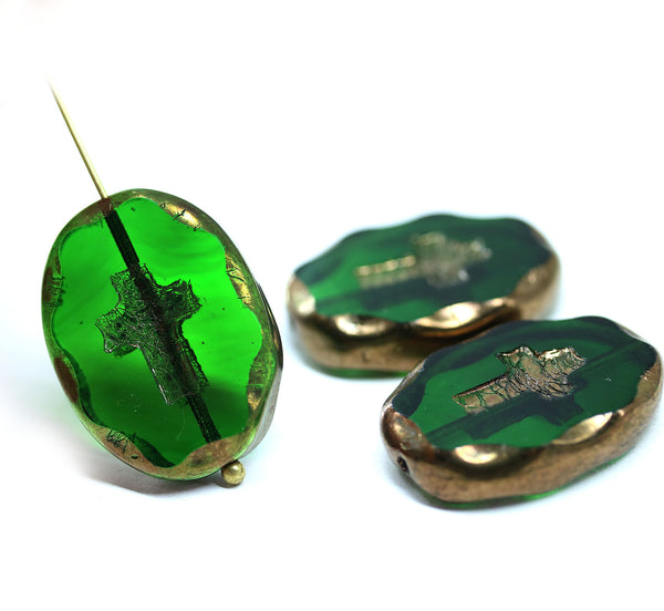 25x19mm Emerald green cross Czech glass large oval flat beads, 1Pc