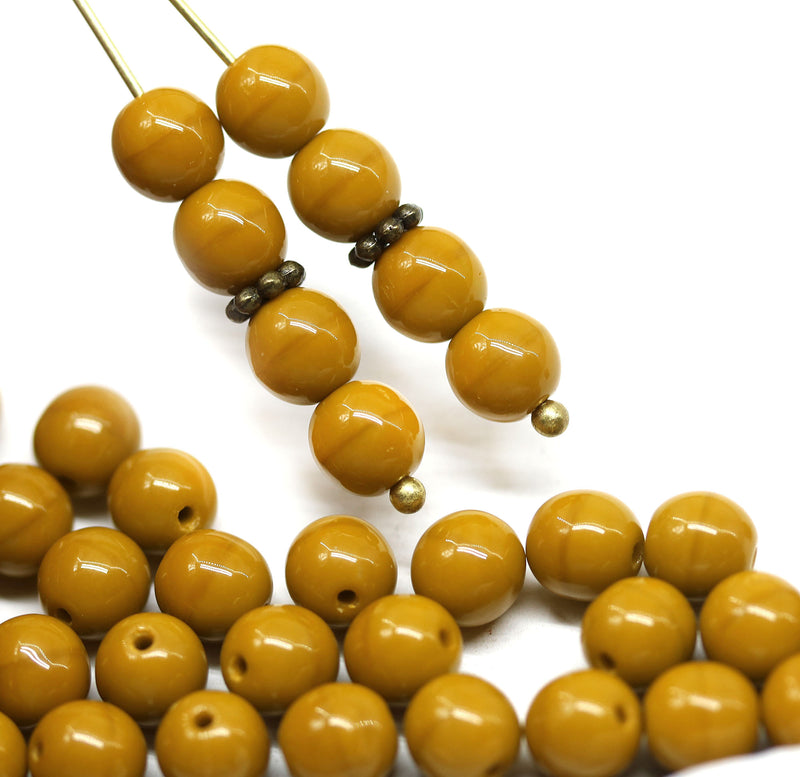 6mm Dark ocher yellow opaque round druk czech glass beads, 40Pc