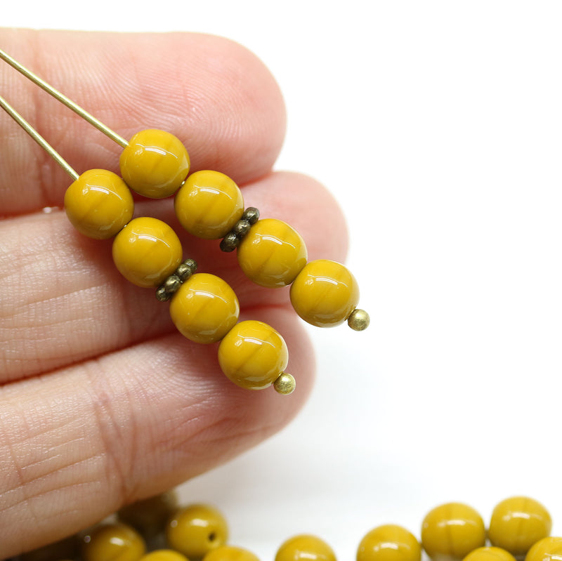 6mm Dark ocher yellow opaque round druk czech glass beads, 40Pc