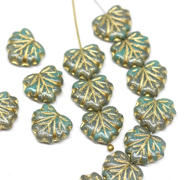 11x13mm Opal green maple leaf beads, gold wash - 15pc