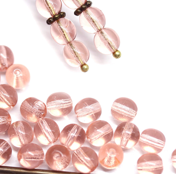 6mm Light peachy pink round druk czech glass beads, 40Pc