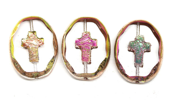 25x19mm Clear vitrail cross Czech glass large oval flat beads, 1Pc