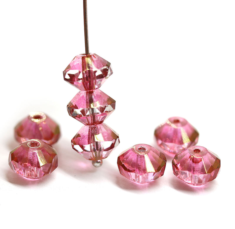 6x9mm Pink rivoli saucer czech glass beads goldish luster, 8Pc