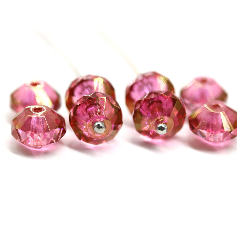 6x9mm Pink rivoli saucer czech glass beads goldish luster, 8Pc