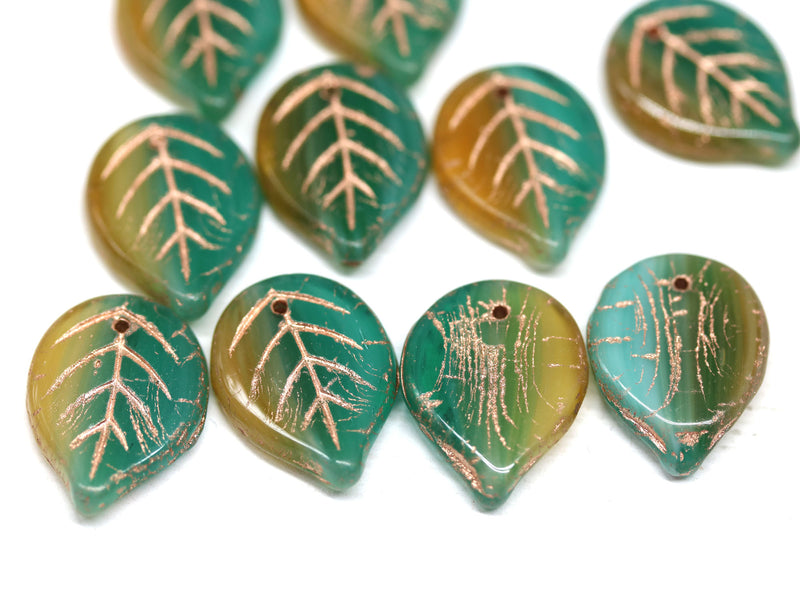 18x13mm Green yellow copper wash Czech glass leaves, 10Pc