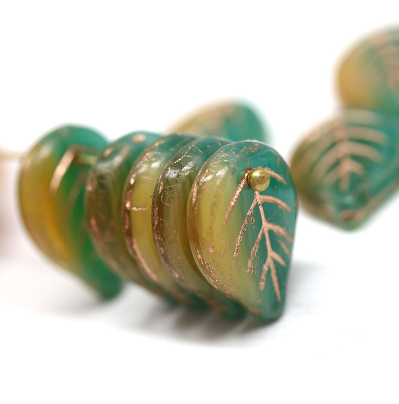 18x13mm Green yellow copper wash Czech glass leaves, 10Pc