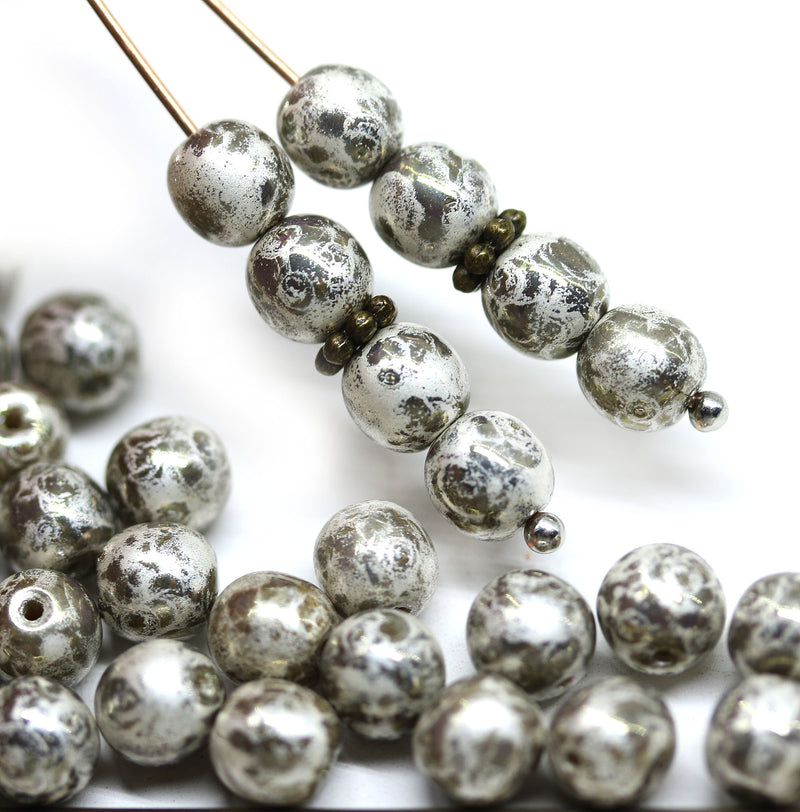 6mm Silver crackle round light gray druk czech glass beads, 40Pc