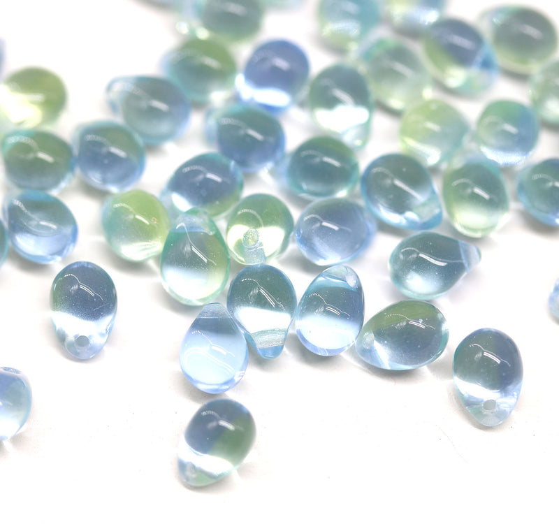 5x7mm Light blue green glass drops, czech teardrop beads, 50pc