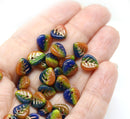 9mm Blue orange yellow glass leaf beads, Czech glass small petals, 30pc