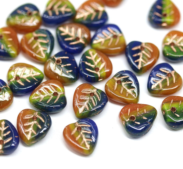 9mm Blue orange yellow glass leaf beads, Czech glass small petals, 30pc