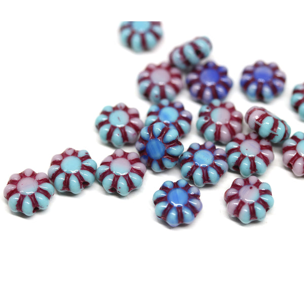 9mm Blue pink Czech glass daisy flower beads red inlays 20pc