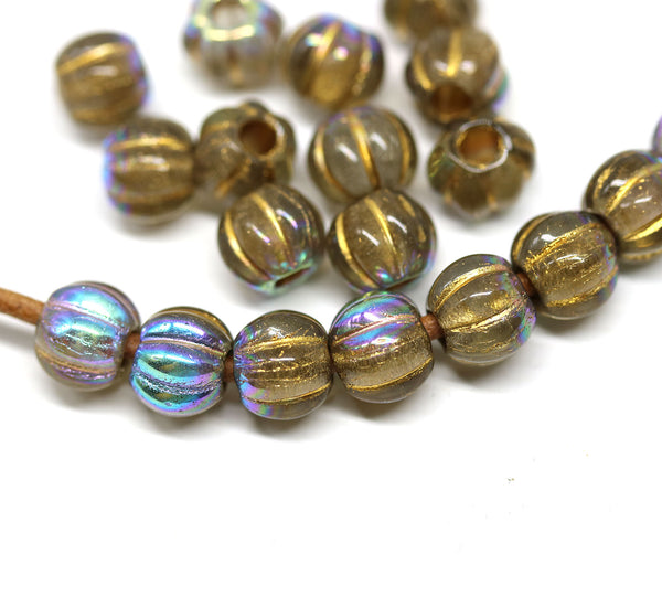 2.5mm hole light brown 8mm melon shape beads, golden wash - 20pc