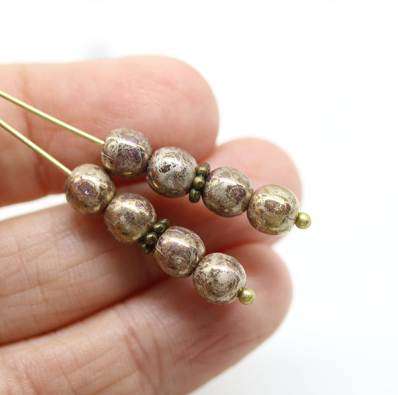 6mm Old gold purple crackle round druk czech glass beads, 40Pc
