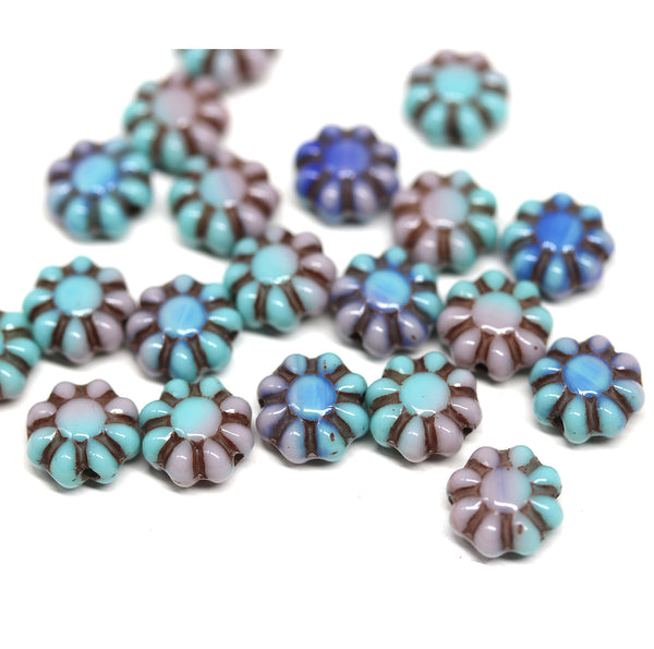 9mm Mint pink Czech glass daisy flower beads darker inlays 20pc