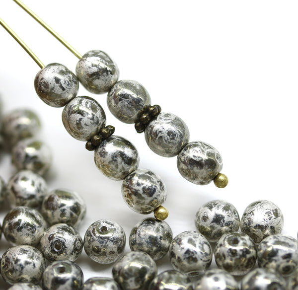 6mm Silver dark gray crackle round druk czech glass beads, 40Pc