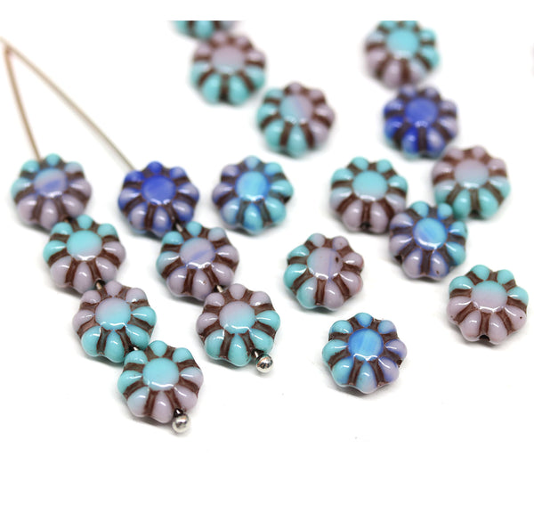 9mm Mint pink Czech glass daisy flower beads darker inlays 20pc