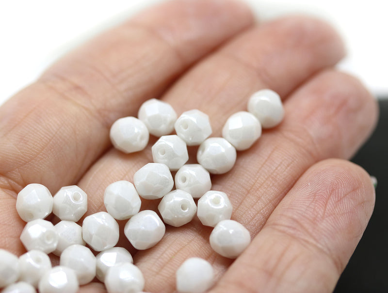 6mm White with luster czech glass beads round faceted, 30Pc
