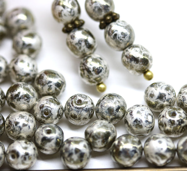 6mm Silver dark gray crackle round druk czech glass beads, 40Pc