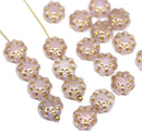 9mm Pale opal pink Czech glass daisy flower beads golden inlays 20pc