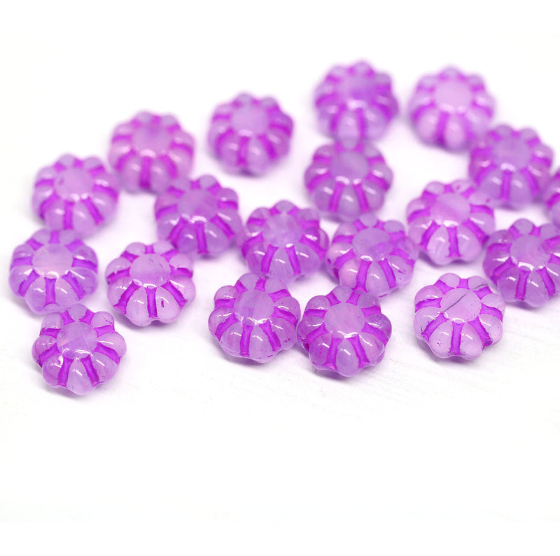 9mm Opal pink Czech glass daisy flower beads purple inlays 20pc