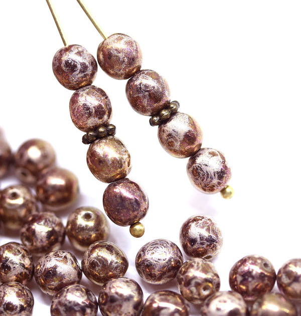 6mm Old patina purple crackle round druk czech glass beads, 40Pc