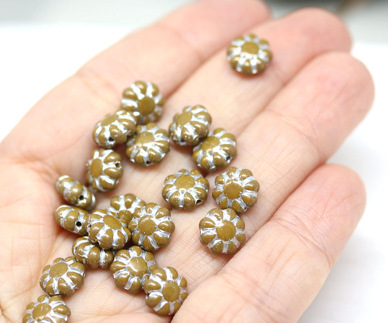 9mm Light brown Czech glass daisy flower beads silver inlays 20pc