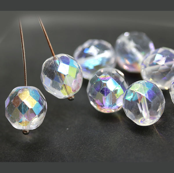 12mm Crystal clear Czech Glass round fire polished beads AB finish, 8Pc