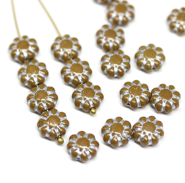 9mm Light brown Czech glass daisy flower beads silver inlays 20pc
