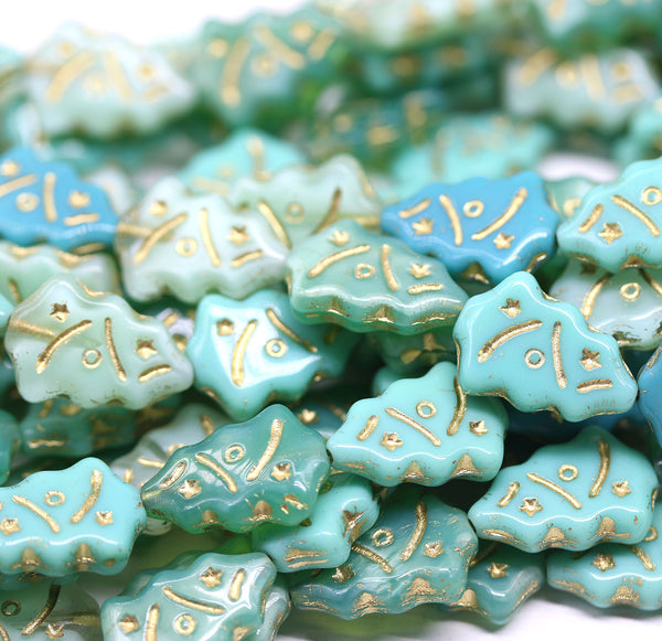 Mint green Christmas tree beads mix Czech glass 8pc