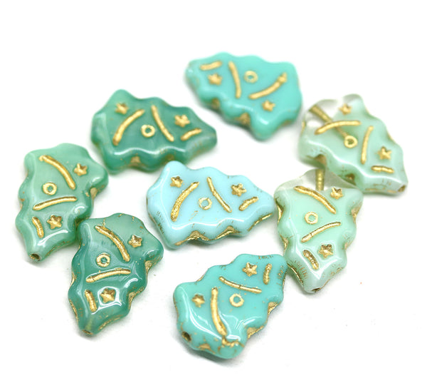 Mint green Christmas tree beads mix Czech glass 8pc