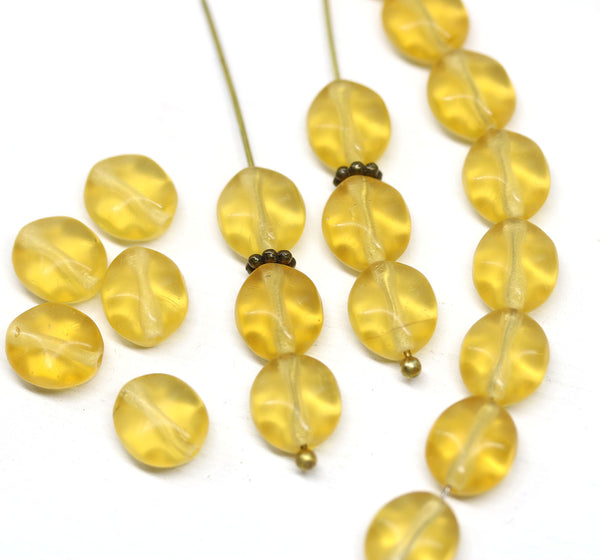 9x8mm Frosted yellow  flat oval wavy czech glass beads, 20Pc