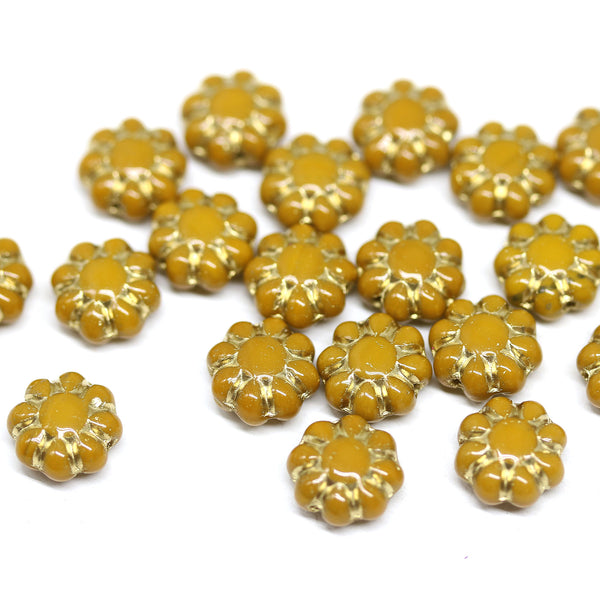 9mm Ocher yellow Czech glass daisy flower beads golden inlays 20pc