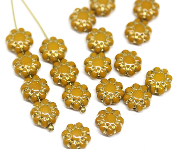 9mm Ocher yellow Czech glass daisy flower beads golden inlays 20pc